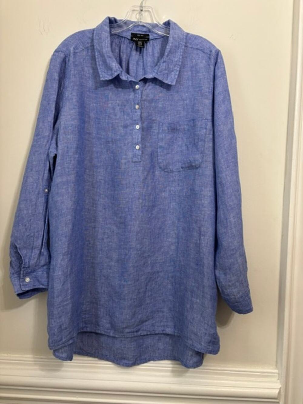 Jones New York JNY 100% Linen Popover Shirt Blouse Blue Collared Womens 1XL